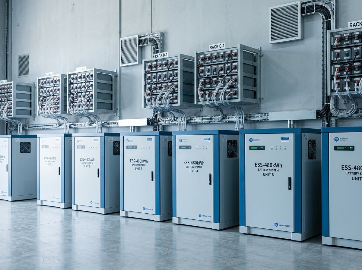 Row of solar battery storage packs for commercial energy storage by Sundrop Energy