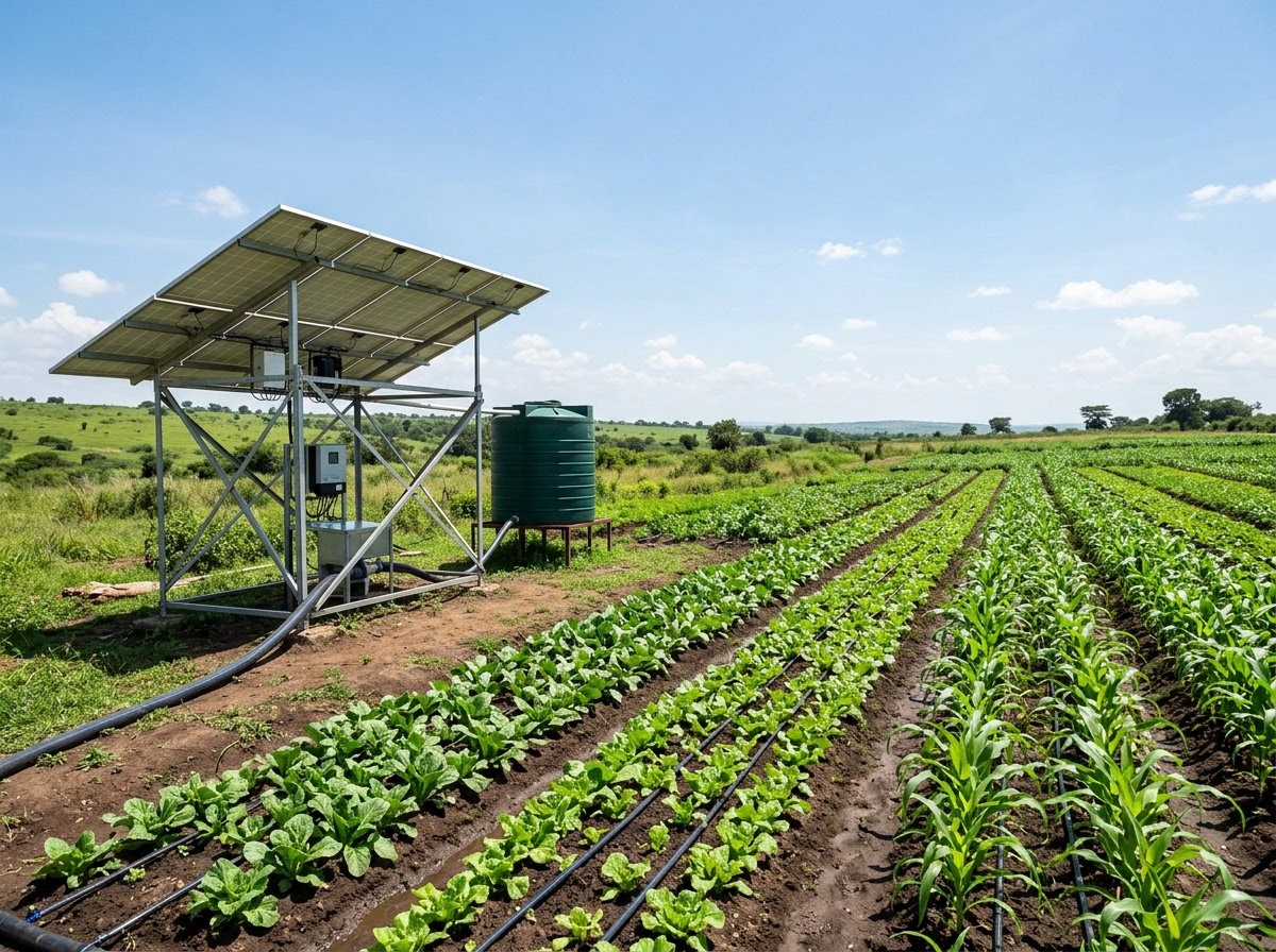 Solar water pumping system irrigating crops on a modern African farm