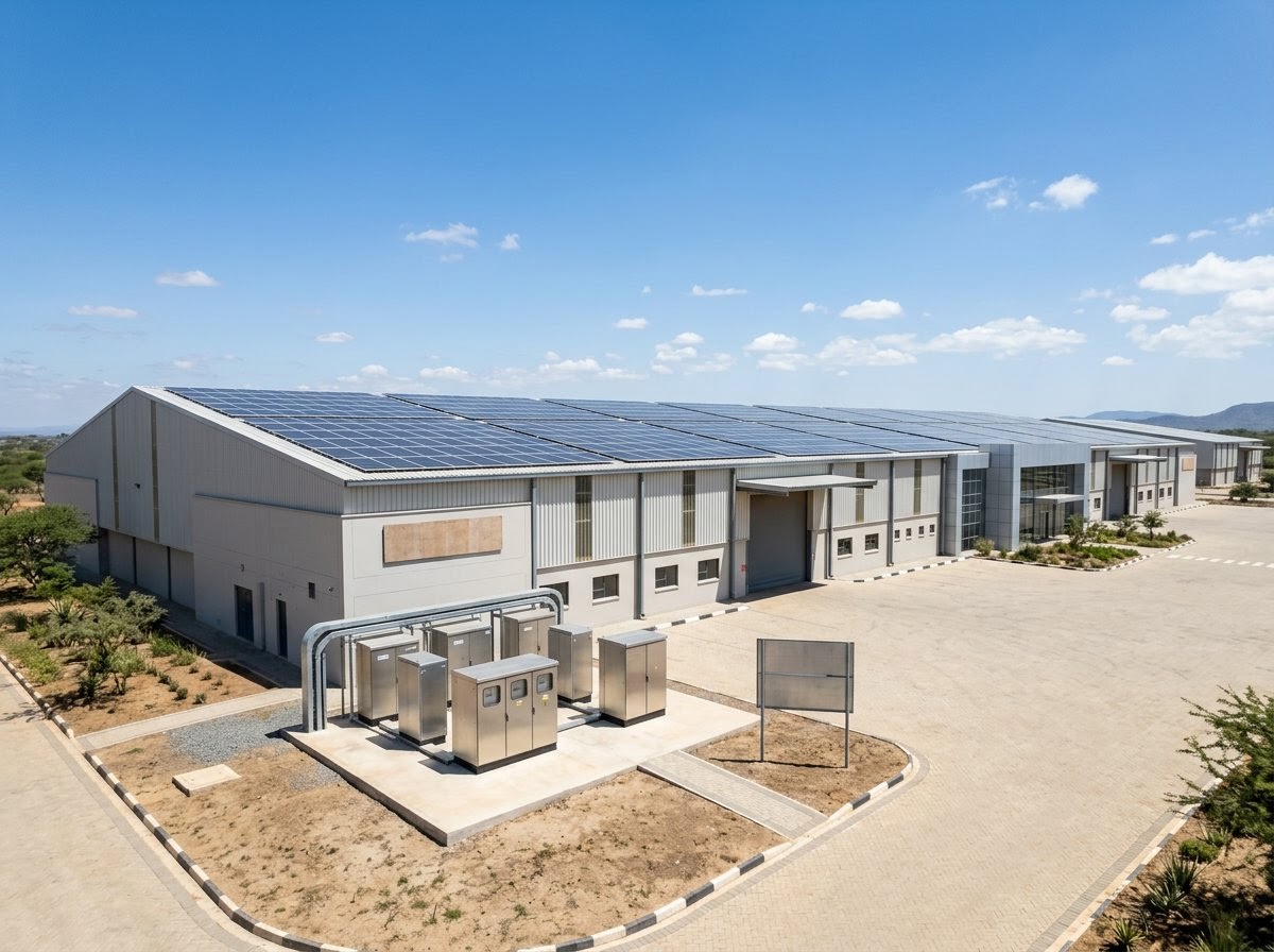 Modern African commercial facility with a large rooftop solar array