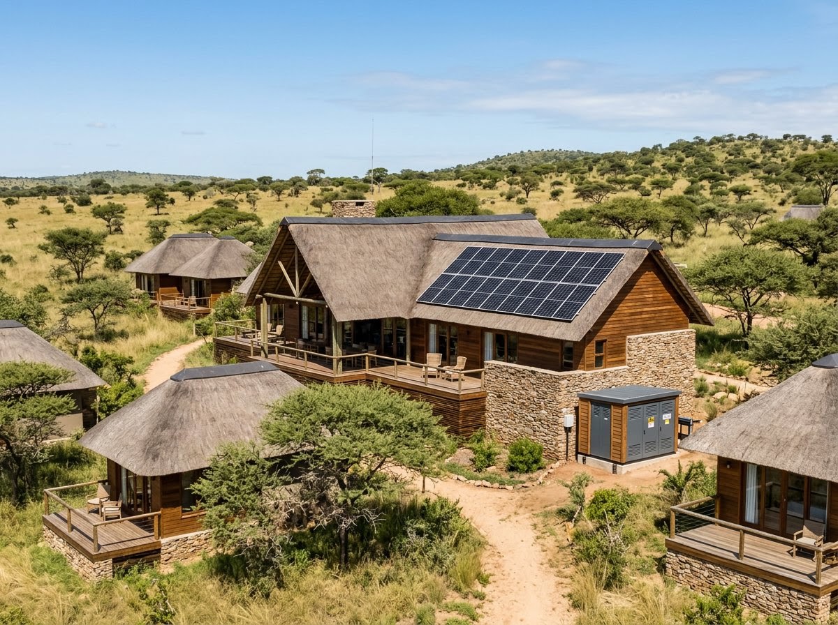 Modern African safari lodge with rooftop solar and battery housing