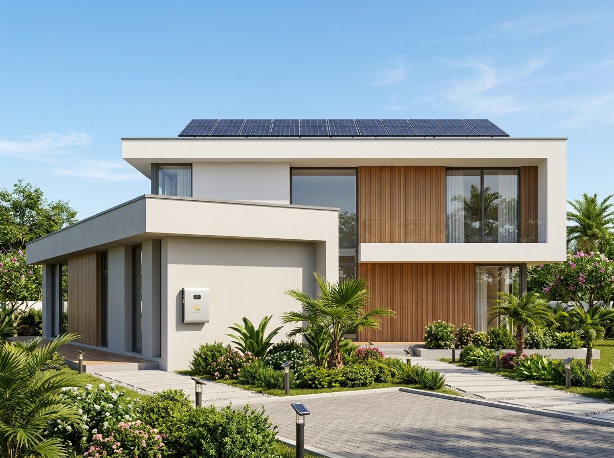 Modern African home with rooftop solar panels and battery storage